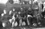An elementary school football game at the high school field, Gail Rowe on the left, probably 1949